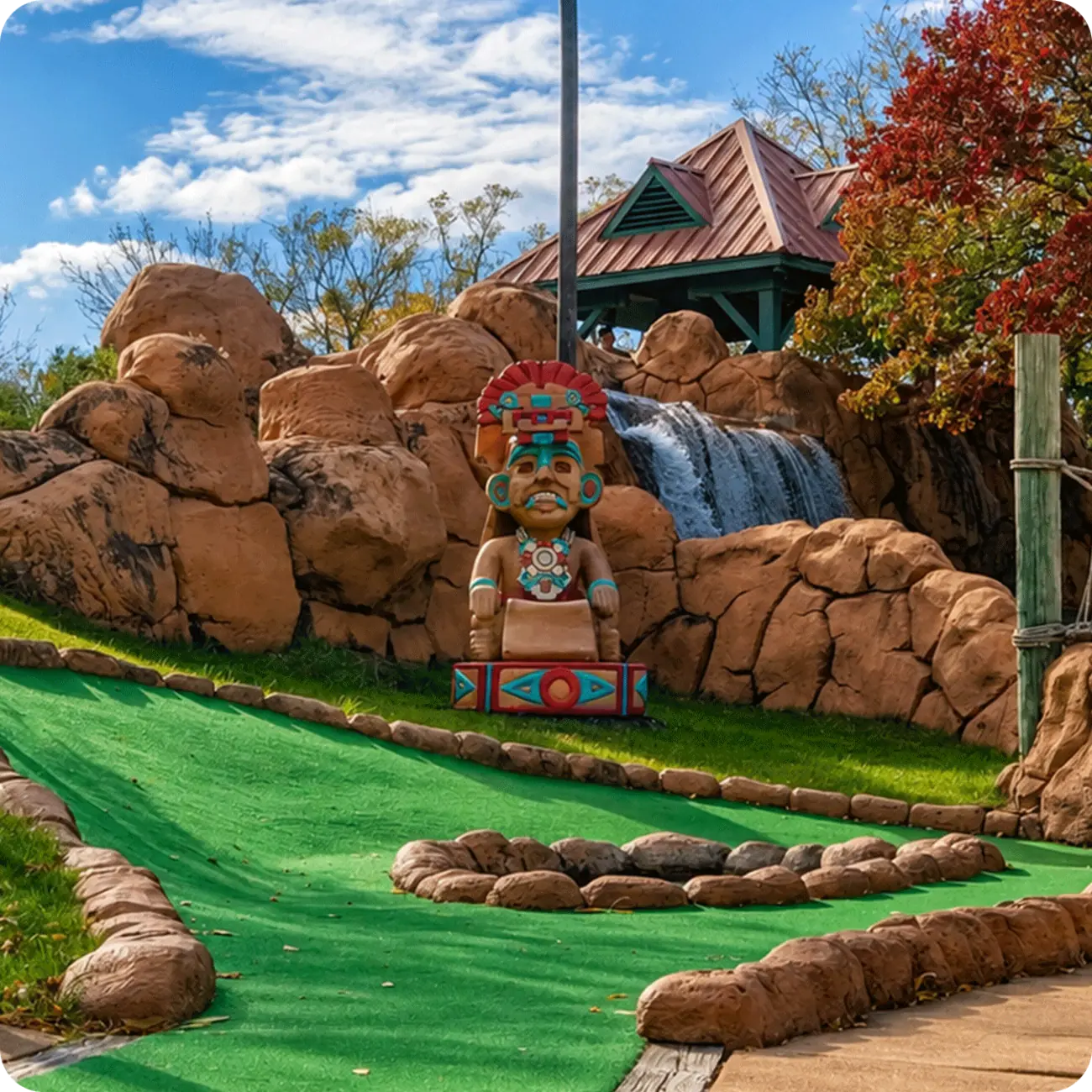 Lost Mountain mini golf totem and waterfall