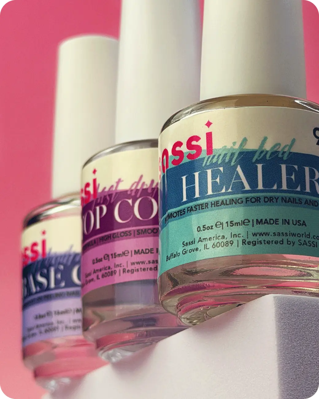 Sassi nail treatment bottles photographed in perspective
